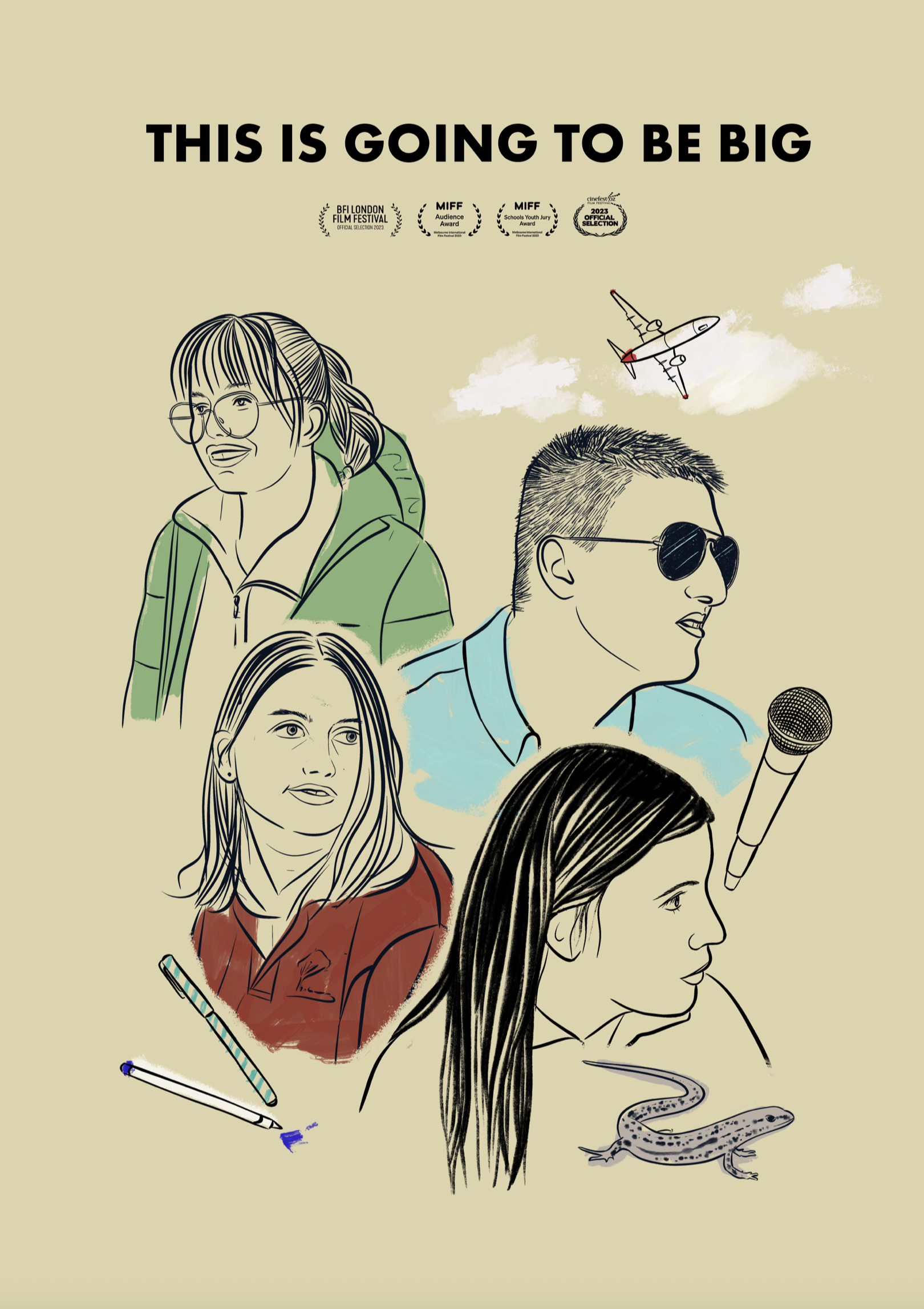 This is Going to be Big. A movie poster with four figures in an illustrative style. there is plane in the top right hand side and a lizard down the bottom.